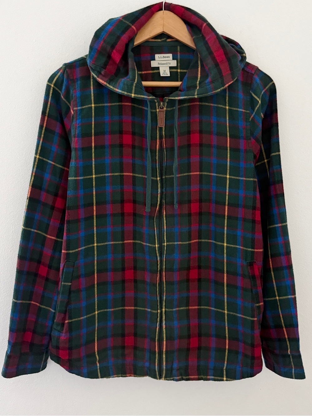 L.L. Bean Flannel Plaid Hoodie Zipper Front Shirt Jacket Tartan Medium Vintage